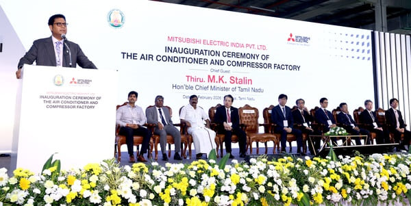 Dr. T.R.B. Rajaa, Hon’ble Minister for Industries, addresses the audience at MEI's Chennai Factory Launch.JPG 1