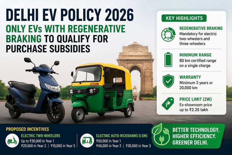 Delhi EV Policy 2026: Only Electric Vehicles with Regenerative Braking to Qualify for Purchase Subsidies Delhi EV Policy 2026 Only Electric Vehicles with Regenerative Braking to Qualify for Purchase Subsidies