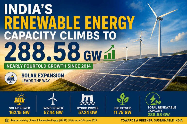 India’s Renewable Energy Capacity Climbs to 288.58 GW, Driven by Solar Expansion India's Renewable Energy Capacity Climbs to 288.58 GW, Driven by Solar Expansion
