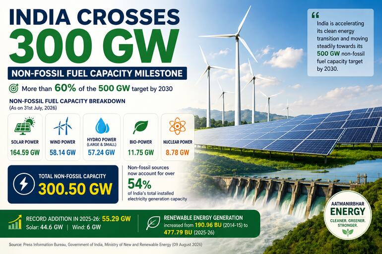 India Crosses 300 GW Non-Fossil Capacity Milestone India Crosses 300 GW Non-Fossil Capacity Milestone