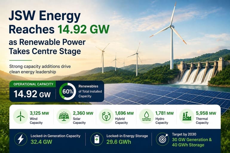 JSW Energy Reaches 14.92 GW as Renewable Power Takes Centre Stage JSW Energy Reaches 14.92 GW as Renewable Power Takes Centre Stage